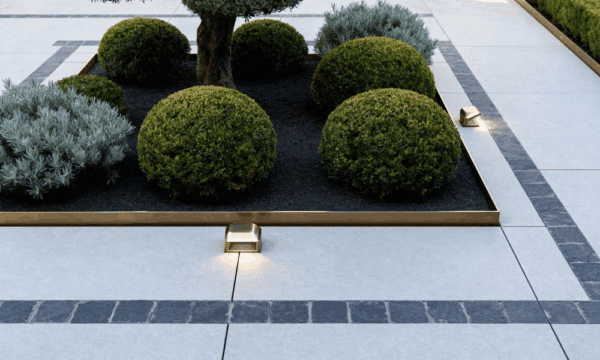 Modern garden with neatly trimmed round shrubs, a small tree, and ornamental grass arranged in a square planter with black mulch, surrounded by large white tiles and dark stone borders. Small ground lights accent the design.